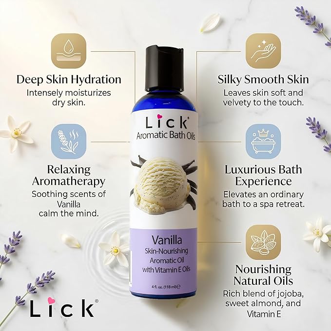 Lick Vanilla Aromatic Bath Oil - Dessert Aromas Collection - Lightweight Soaking Oils for Relaxation, 4 oz