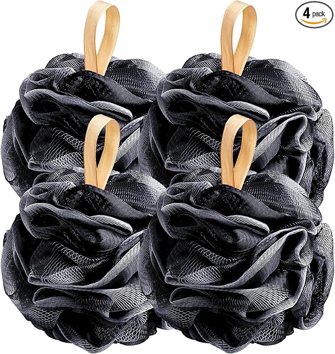Fishent Loofah Bath Sponge Shower Loofahs, 4 Pack Soft Loofa Exfoliating Body Scrubber Mesh Shower Puff Pouf Ball Luffa for Men and Women(50g/pcs) (Black)