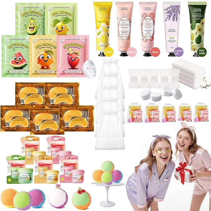 35 Pcs Spa Party Supplies for 5 – Spa Gifts for Women, Girls & Kids | Spa Set with Eye & Face Masks, Lip Balm, Hand Cream, Bath Bombs, Towels & Gift Bags | Spa Kit for Birthdays, Sleepovers, Spa Days