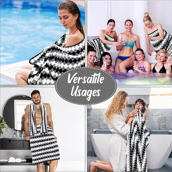 SmoothNovelty 16 Pack Microfiber Bath Towels Bulk 27'' x 60'' Oversized Size Bath Towel Highly Absorbent Extra Large Soft Drying for Beach Shower Summer Salon Sport Gym Party (Grid,Black)