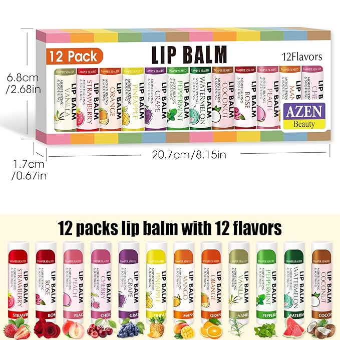 AZEN 12 Pack Lip Balm Bulk, Moisturizing Lip Balms for dry cracked lips, Mothers Day Gifts Easter Basket Stuffers - 12 Flavors