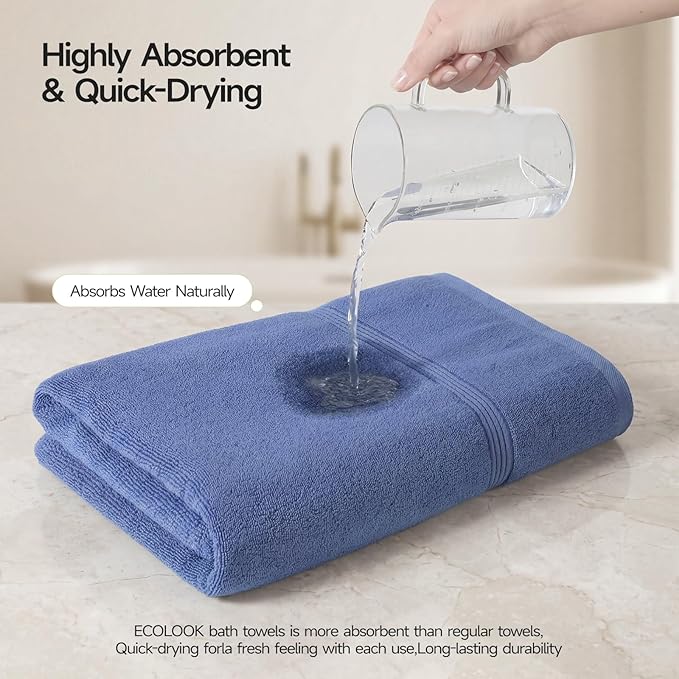ecolook Bath Towels Set of 4,100% Cotton,27 x 55 Inches,Quick-Drying & Absorbent,Soft,Lightweight Towels for Bathroom,Shower,Spa, Gym & Hotel,Dark Blue