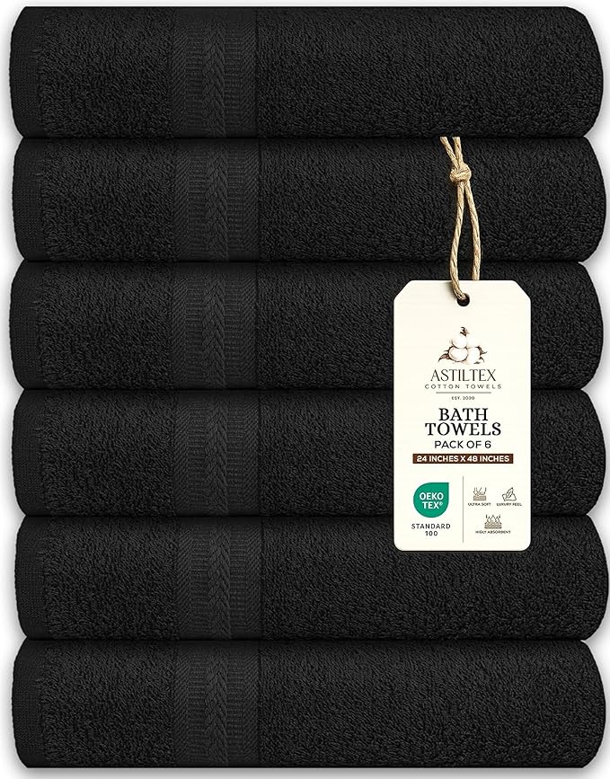 Medium Bath Towels Pack of 6 – 24x48 Inches – Soft, Quick Dry & Highly Absorbent – 100% Cotton Towels for Bathroom, Spa, Gym & Hotel – Black