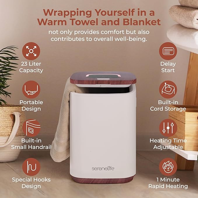 SereneLife Towel Warmer - 23L Capacity Bucket with Timer Function, Fits Up to Two Oversized Towels for Bathroom, Wood