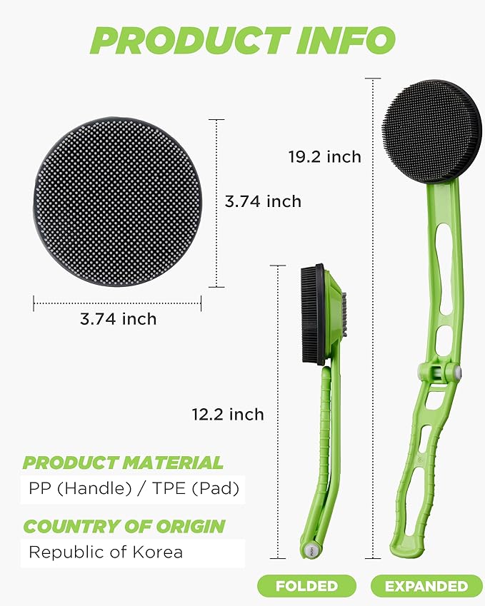 DOWMI Silicone Body Scrubber - 19" Foldable Long Curved Handle for Ultimate Reach and Comfort - Back Shower Scrub Brush - Hygienic and Durable Soft Silicone for Sensitive Skin