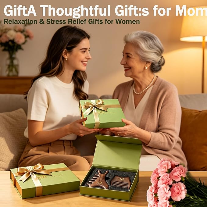 Mother’s Day Gift for Mom, Relaxation Gifts Set, Wooden Gua Sha Tool Set – Face & Scalp Manual Guasha Massager for Tension Relief, Portable Mini Wooden Massage Comb, Self Care Gift-Ready Box