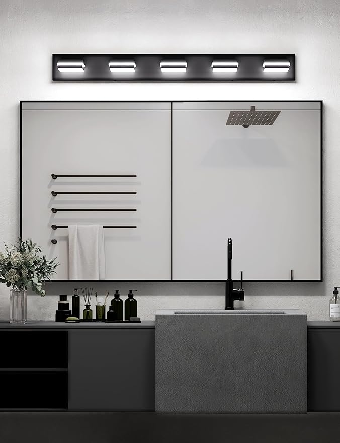 VOLISUN Modern 5-Light, 40-Inch Black Bathroom Vanity Light Fixtures Over Mirror, 5CCT Dimmable, Energy Efficient, ETL Certificated