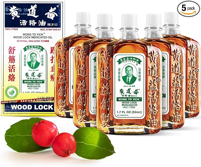 5 Pack of Wong to Yick - Wood Lock Medicated Oil - Herbal Pain Relief for Muscular Aches, Sprains, Shoulder and Back Pain - for Sports Recovery, Soreness - 1.7 Fl Oz - 50 ML - 100% Authentic
