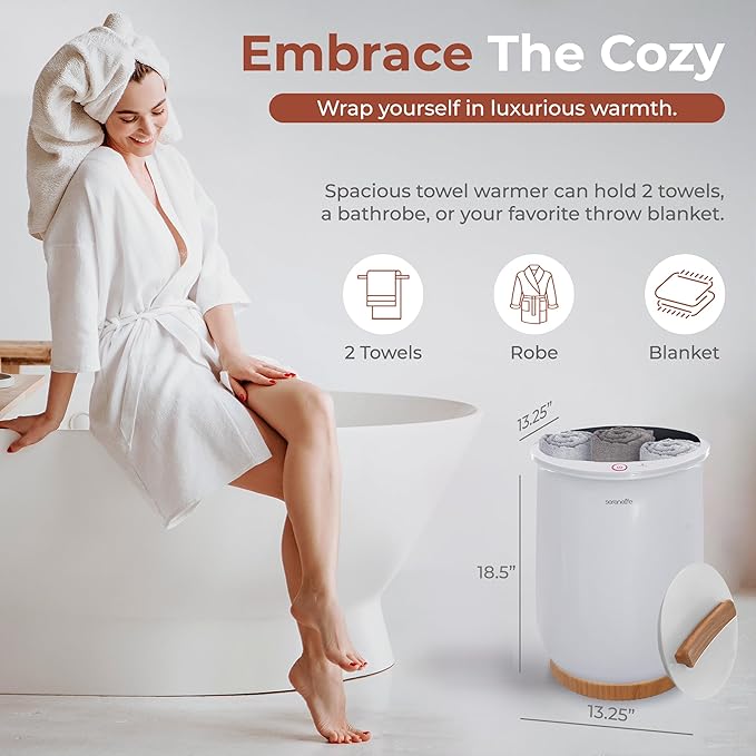 SereneLife Bucket Towel Warmers, White Large Towel Warmer for Spa and Bathroom, Luxury Towel Heater Gifts for Him & Her, Auto Shut-Off, Fits 2 large, Blankets, Bathrobes, PJ's