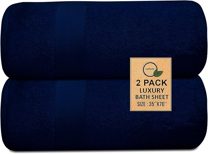 Softolle 100% Cotton Luxury Bath Sheets - Pack of 2 (35" x 70") | Super Soft, Quick-Dry & Highly Absorbent Towels for Bathroom, Home, Spa & Gym (Navy Blue)