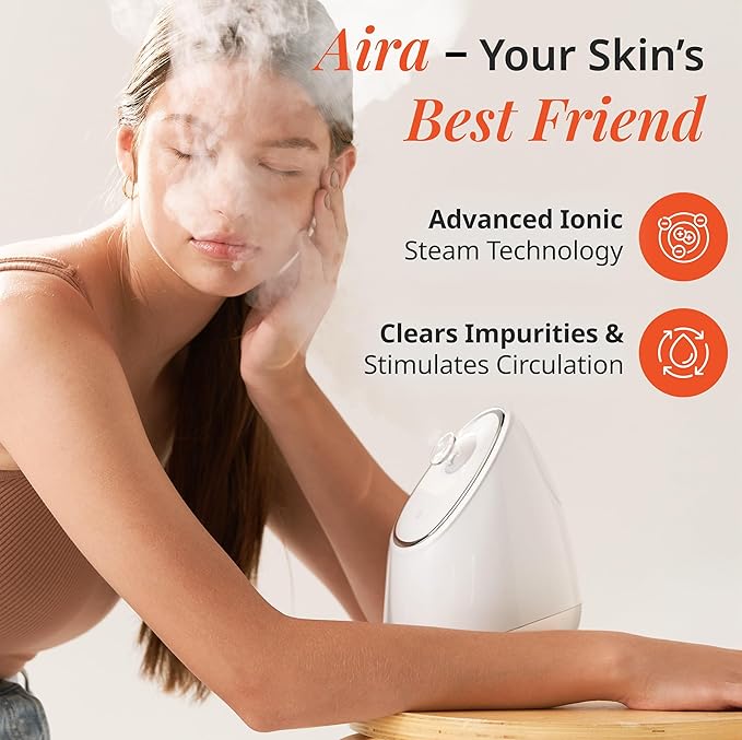 Vanity Planet Aira Ionic Facial Steamer - Face Steamer for Facial Deep Cleaning, Moisturizing - Steamer for Face with Adjustable Nozzle, Water Tank and 3 Essential Oil Baskets (Beige)
