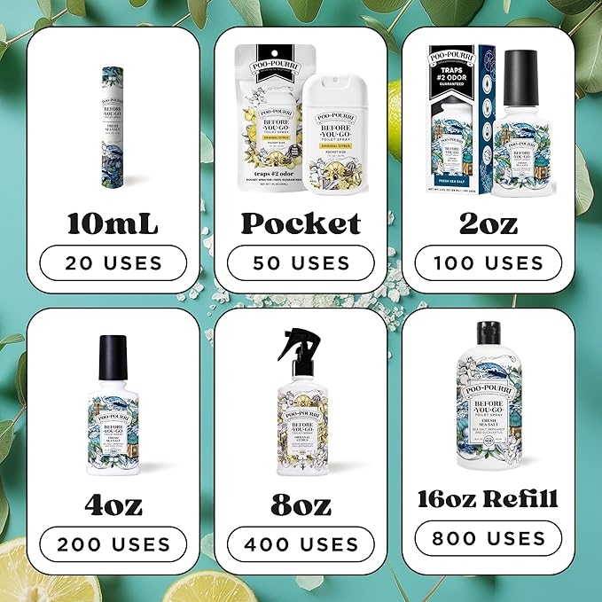 Poo-Pourri Before-You-Go Toilet Spray,Fresh Sea Salt,4 Fl Oz,Up to 200 Uses,Bathroom Odor Deodorizer,Plant-Based with Essential Oils,for Home or Work,Sea Salt,Bergamot & Eucalyptus Scent,(Pack of 2)