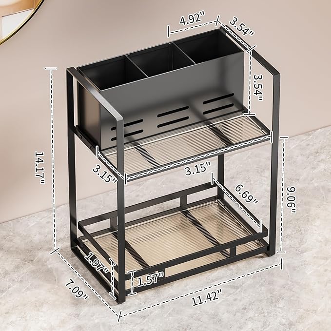 SanDream Hair Tool Organizer Bathroom Countertop, 2-Tier Metal Bathroom Organizer with Blow Dryer Holder, Large Capacity Space-Saving Vanity Shelf for Perfume, Skincare & Makeup Storage (Black)