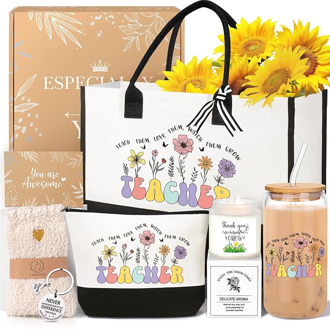 iAOVUEBY Teacher Appreciation Gifts, Best Teacher Gifts for Women, End of Year Teachers Gift from Student, Teachers Birthday Retirement Christmas Thank You Gift Baskets for Women, Canvas Tote Bag