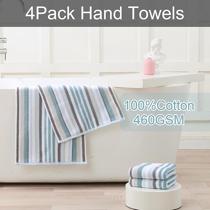 Quick Dry & Highly Absorbent 100% Cotton Aqua Striped Hand Towels (Set of 4, 16x27 Inches) - Soft Lightweight Luxury Towels for Bathroom, Shower, Guest Room | Blue & Gray Stripe Gift Set