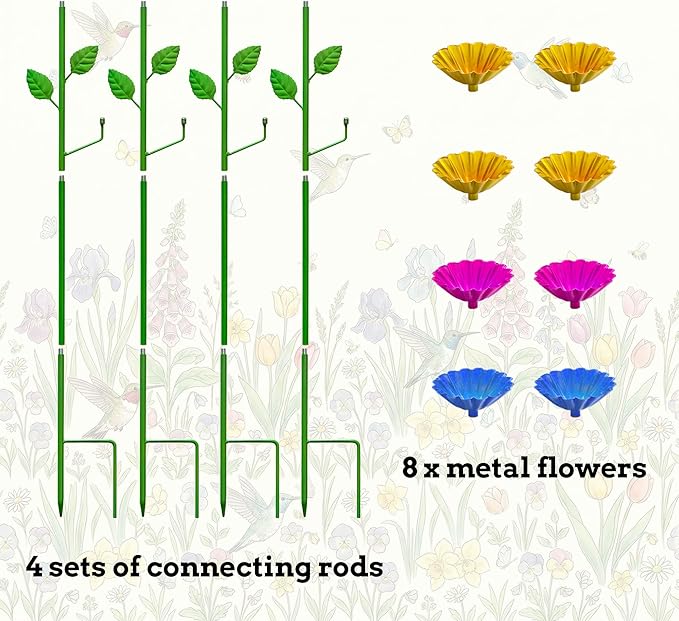 Bee Watering Station for Garden 4 Pack, Metal Double-Flower Bee Bath Garden Stakes, Colorful Bee Cups Pollinator Feeder Outdoor Decor for Bees Butterflies, Yard Garden Decorations