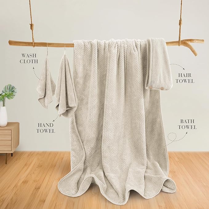 MaopaoBeauty 35X70 Inches Extra Large Bath Towels Sets of 4 for Bathroom Super Soft Quick Dry Bath Towels Hand Towels Washcloth Towels Microfiber Shower Towels for Women Daily Use (Khaki, 4 Piece)