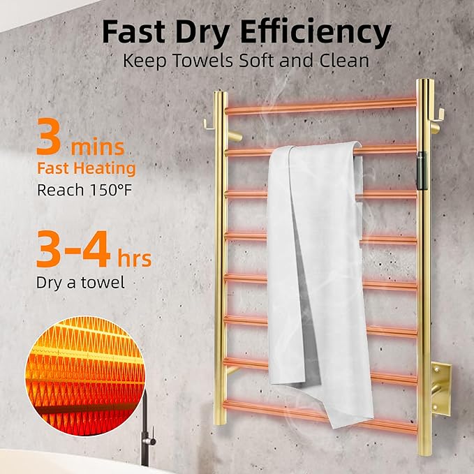 P&Dlusir Towel Warmer, Heated Towel Rack with Smart Timer and Thermo Control, Wall-Mounted Heated Towel Rail, Stainless Steel, Hard-Wired/Plug-in, Brushed Gold, 8 bar