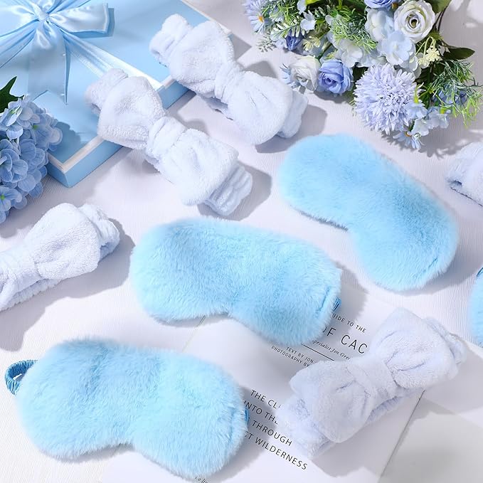 Jexine 24 Pcs Spa Slumber Party Headband Plush Sleep Eye Mask Bulk Bow Hair Band Makeup Headband for Sleepover Birthday Party Supplies Graduation Mother's Day Gift(Blue)