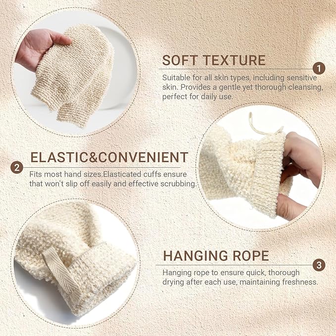 Exfoliating Gloves for Body Scrubber - 100% Natural Hemp Bath Mitts with Secure Cuff, Reusable Shower Washcloth for Dry Skin Relief, Soft Loofah Alternative for Men & Women2 Pack (White)