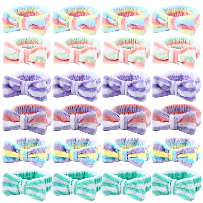 WILLBOND 24 Pieces Spa Headband Bulk Skincare Headbands Face Wash Makeup Hairband Bow Facial Washing Face Head Wraps Adjustable Soft Flannel Towel for Women Shower (Elegant)