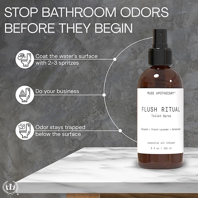 Muse Apothecary Flush Ritual - Aromatic & Refreshing Toilet Spray, Use Before You Go, 4 oz, Infused with Natural Essential Oils - Tonka Bean + Amber + Warm Cedarwood