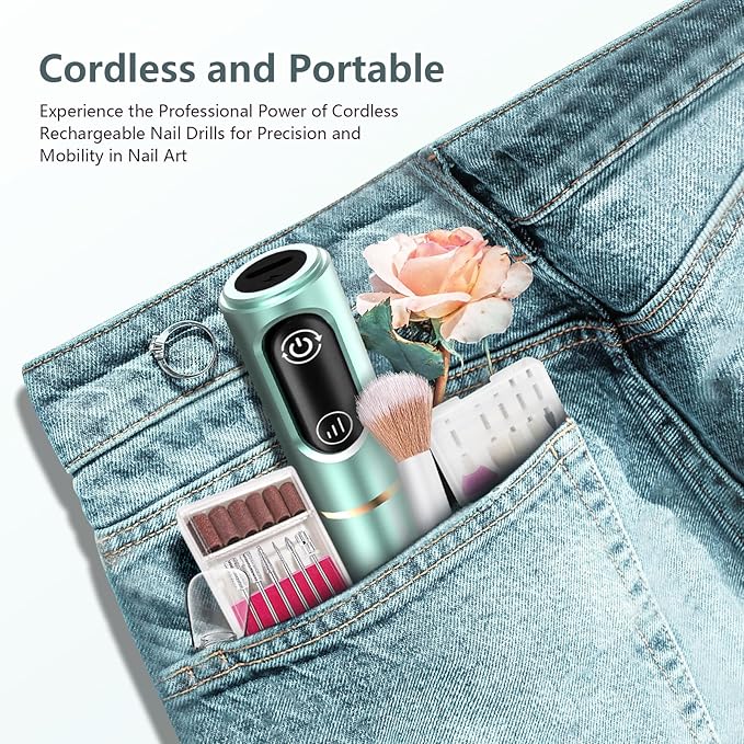 TUOBEO Cordless Nail Drill Electric Rechargeable File Kit, Professional Efile Acrylic Gel Nail Polish Remover Pedicure Manicure Machine Portable Set with 11 Bits 56 Sanding Bands for Salon Mint Green