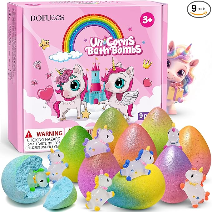 Unicorn Bath Bombs with Surprise Toys Inside, Birthday Mothers Day Gifts for Girls, 9 Packs Bubble Bath Bomb for Kids Girls Daughter Granddaughter (36+ Months)