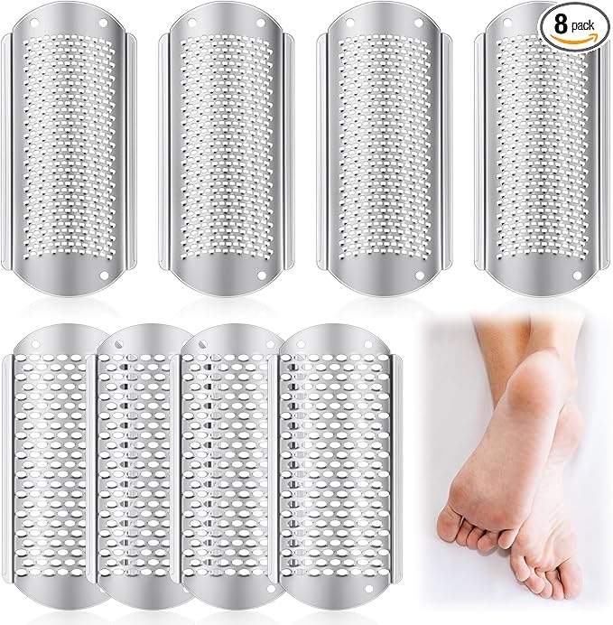 Moxweyeni 8 Pack Silver Foot File Callus Remover Replacement Blades Metal File Callus Remover Hard Skin Remove Stainless Steel 2 Designs Big/fine Hole for Detachable Foot Scrubber