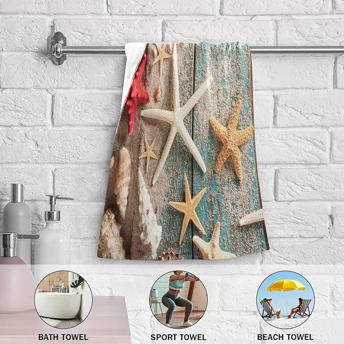 Nautical Seashell Starfish Hand Towels for Bathroom Set of 2,Decorative Summer Blue Wooden Beach Themed Bathroom Towels for Bath,Face,Hair,Soft Absorbent Dish Towels for Kitchen Decor 28"x14"
