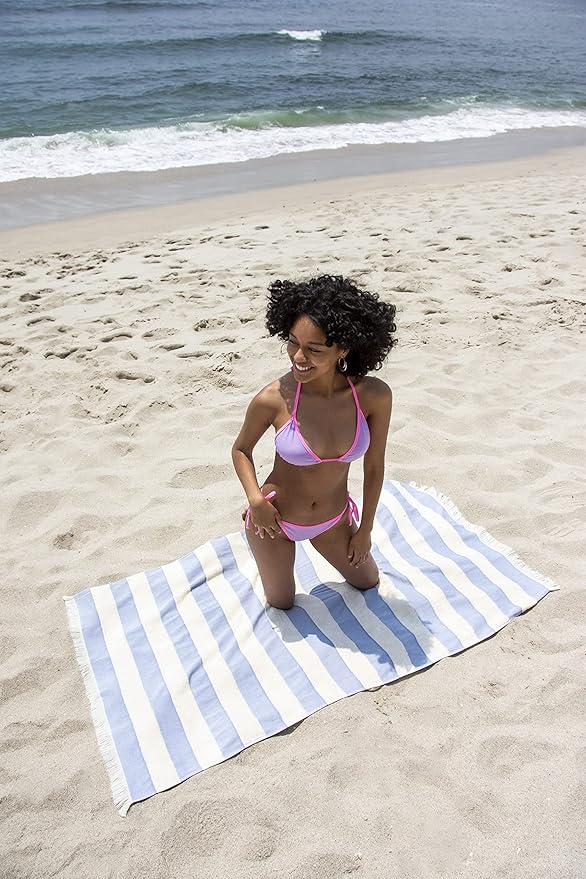 Lightweight Turkish Beach Towel - 100% BCI Cotton, Unbleached Raw Fringe, Oeko-TEX Certified, Absorbent, Eco-Friendly, 36x66”, Sky Blue & Natural Stripes, Portable Sarong Blanket for Pool, Travel