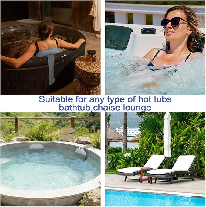 2-Pack Pillow for Hot Tub, Spa, and Chaise Lounge - Universal Headrest & Neck Support Cushion, 3D Mesh Adjustable Height with Long Strap, Easy Drying (2-Pack,Gray)