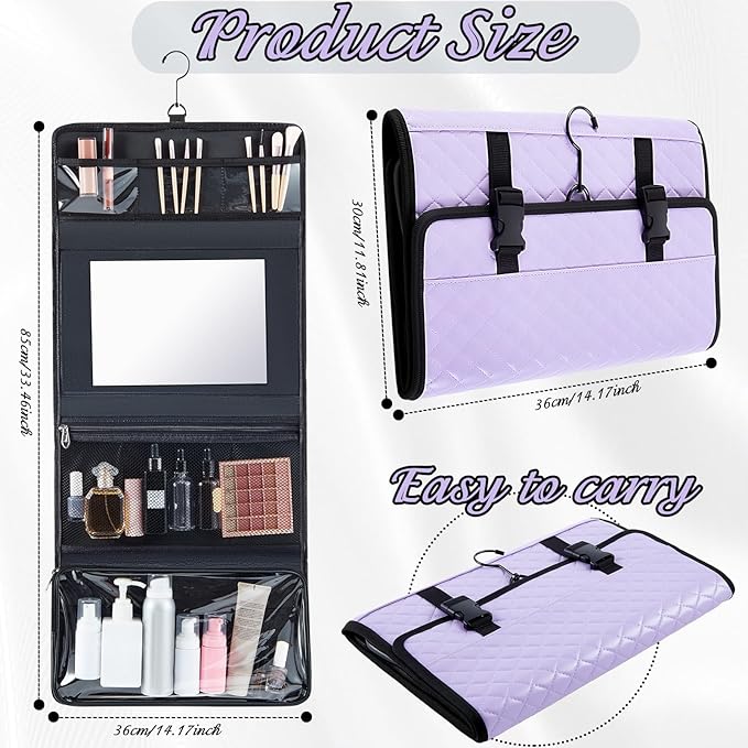 Travel Hanging Toiletry Bag with Mirror Leather Travel Hanging Mirror Foldable Dance Competition Makeup Bag Backstage Cosmetic Organizer for Traveling Dancers Spa(Classic,Purple)