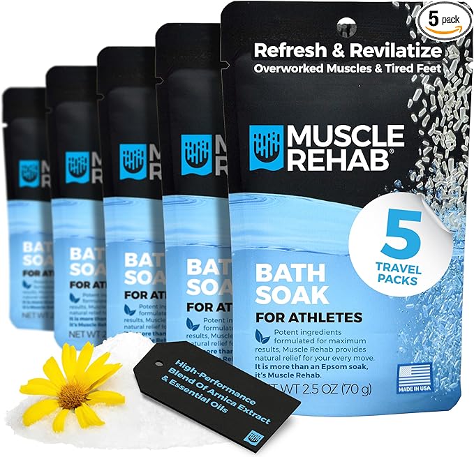 Muscle Rehab Epsom Salt Bath Soak 5 Travel Packets - with Arnica and Magnesium for Muscle Pain Relief - Portable Foot Soak for Athletes and Active Recovery