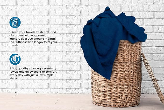Medium Bath Towels Bulk Set of 12 – 100% Cotton Terry – 24" x 48" – Quick Dry, Soft & Highly Absorbent – Navy Blue Towels for Bathroom, Gym, Spa, Pool & Daily Use