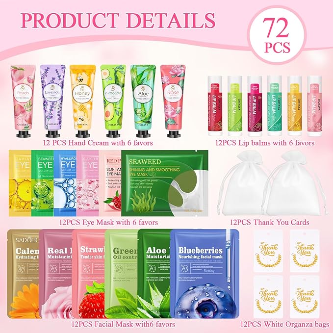72 Pcs Bulk Gifts For Women, Bulk Facial Mask, Lip Balms, Hand Creams & Under Eye Patches, Spa Party Supplies,Party Favors For Bridal Wedding, Baby Shower,Sleepover Party, Christmas Stocking Stuffers