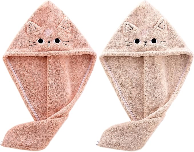 2Pack Microfiber Hair Towel Wrap for Kids, Cute Cat Absorbent Hair Drying Turbans Head Towels for Women Girls (Pink and Khaki Cat)