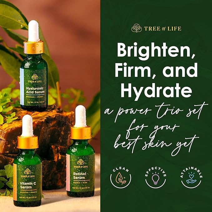 Tree of Life Face Serum Set - Vitamin C, Retinol & Hyaluronic Acid for Brightening, Firming & Hydrating - Anti Aging Skin Care Set - Dermatologist Tested - 1 Fl Oz (Pack of 3) - Mothers Day Gifts