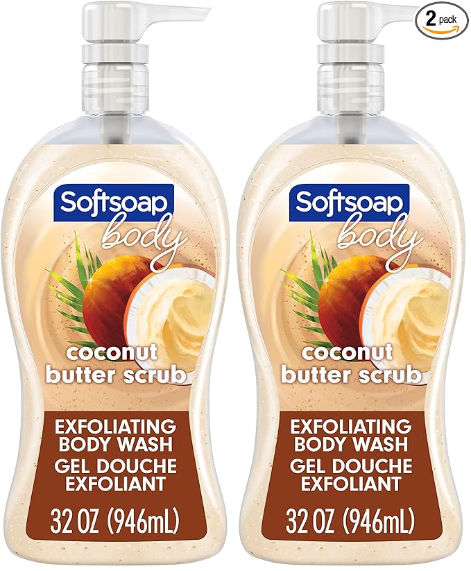 Softsoap Body Wash Pump, Coconut Butter Scrub, Exfoliating Body Wash, WHITE (Package May Vary), 32 Ounce (Pack of 2)