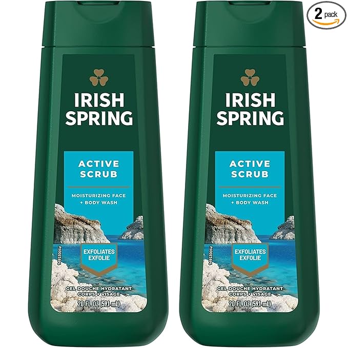 Irish Spring Body Wash Active Scrub Moisturizing Face Exfoliating Gel 20 Fl Oz (Pack of 2)