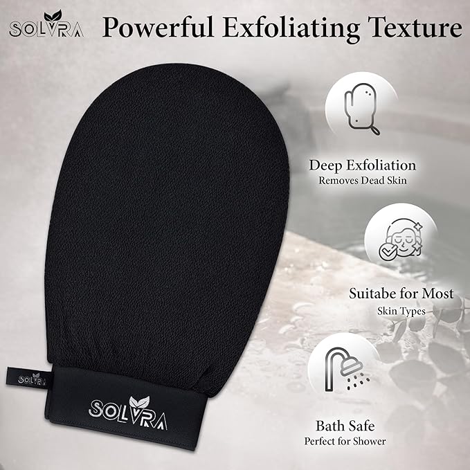 Exfoliating glove for Shower & Exfoliating body scrubber – 100% Vegan Viscose Kessa Mitt for Dead Skin Removal, Self-Tan Fade & Keratosis Pilaris –Dual-Texture Glove for Spa & Massage (1 Pack BlacK)