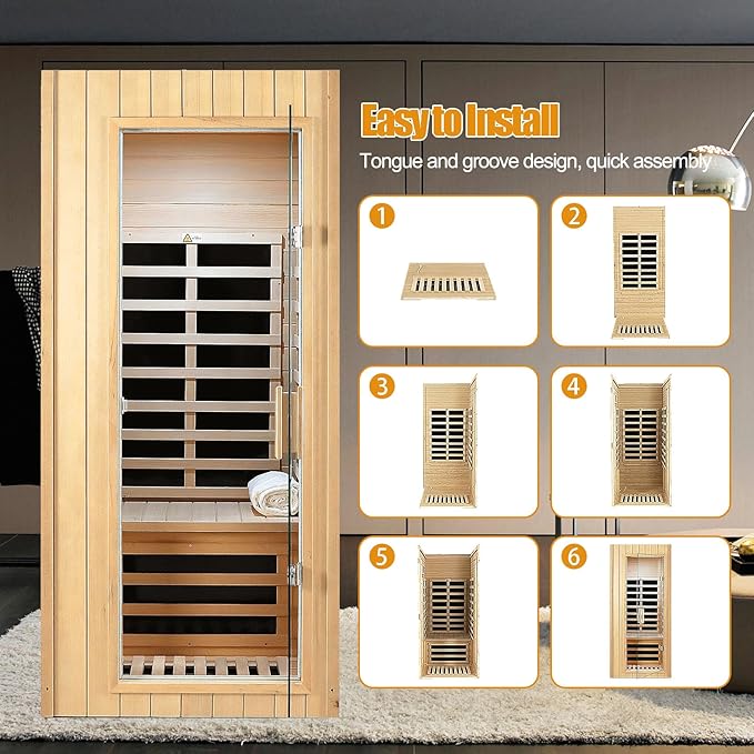 Far Infrared Sauna 1 Person Infrared Sauna Room Canadian Hemlock Wooden Sauna for Home, 1300W Low-EMF Indoor Saunas with Control Panel, Bluetooth Speakers, LED Reading Lamp, Tempered Glass Door