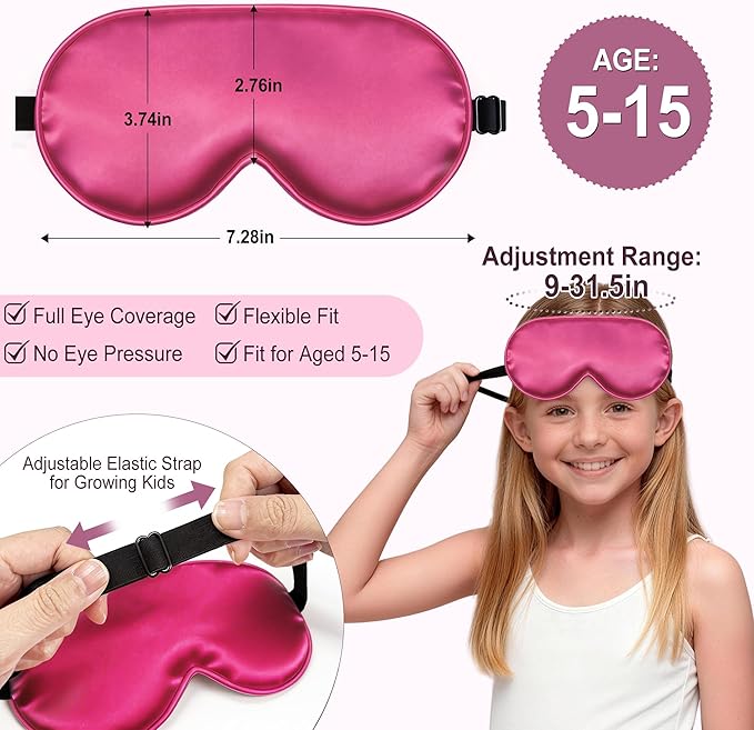 Kids Sleep Mask, Kids Eye Mask for Boys Girls, Kid Silk Eye Masks with Adjustable Strap for Sleeping, 100% Light-Blocking Sleep Eye Cover, Includes Protective Laundry Bag (Rose red)