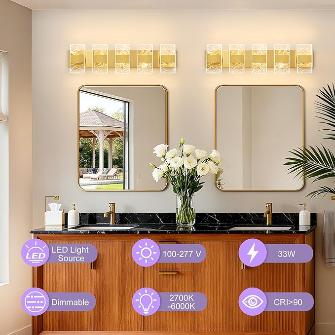 Modern LED Bathroom Light Fixtures Dimmable 5-Light Gold Vanity Light, 5CCT Adjustable Lighting Fixture Vanity Lights Over Mirror, Smoked Acrylic LED Vanity Lights for Bathroom