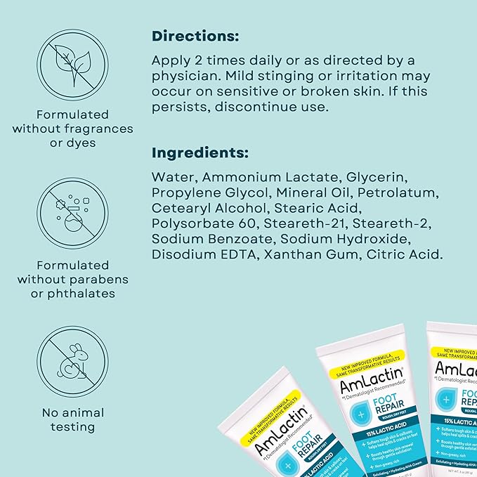 AmLactin Foot Repair Cream with Moisturizing Socks, Therapeutic Foot Cream for Dry Cracked Heels and Feet, No-Scrub Exfoliator & Moisturizer with 15% Lactic Acid AHA, 3 oz (Packaging May Vary)