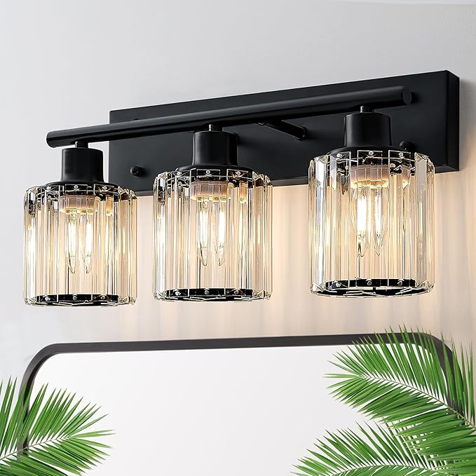 Vanity Light, 3-Light Modern Crystal Black Bathroom Light with 3 E26 Bulbs, Vanity Lights for Bathroom Bedroom Living Room Hallway