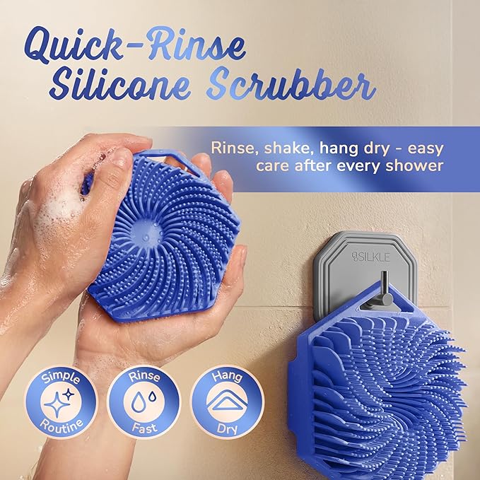 SILKLE Silicone Body Scrubber – Gentle Exfoliating Shower Scrubber for Body & Bath, Silicone Shower Brush & Loofah Alternative – Non-Slip Silicone Body Brush, Quick Dry, Hygienic - Blue
