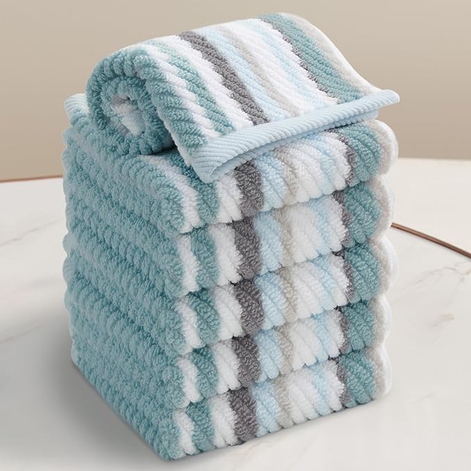 VOOVA & MOVAS 13"x13" Aqua Striped Washcloths (6 Pack) - 100% Cotton Ultra Soft Absorbent Quick Dry Towels | Luxury Decorative Bathroom Set with Blue + Gray Striped Design