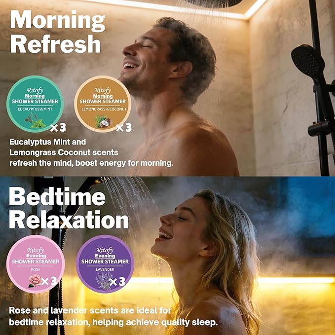 12 Tablets Shower Steamers Aromatherapy, Morning Evening Set, Gift for Women and Men, Self Care Lavender Rose Lemongrass Coconut Eucalyptus Mint Essential Oils