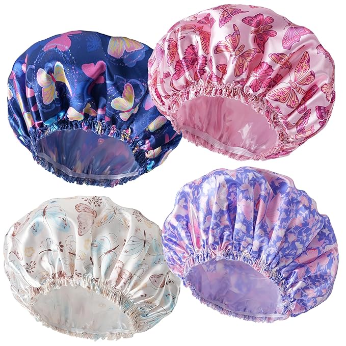 Shower Cap for Women,4 PCS Elastic and Reusable Bath Caps, Double Layers Shower Caps Reusable Waterproof, Bathing Shower Caps, Environmental Bath Hair Protection Cap - Butterfly E